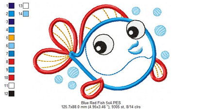 Cute Blue & Red Fish - Applique - Machine Embroidery Design