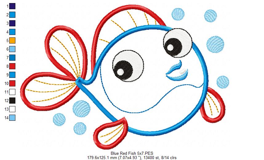 Cute Blue & Red Fish - Applique - Machine Embroidery Design