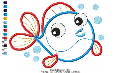 Cute Blue & Red Fish - Applique - Machine Embroidery Design
