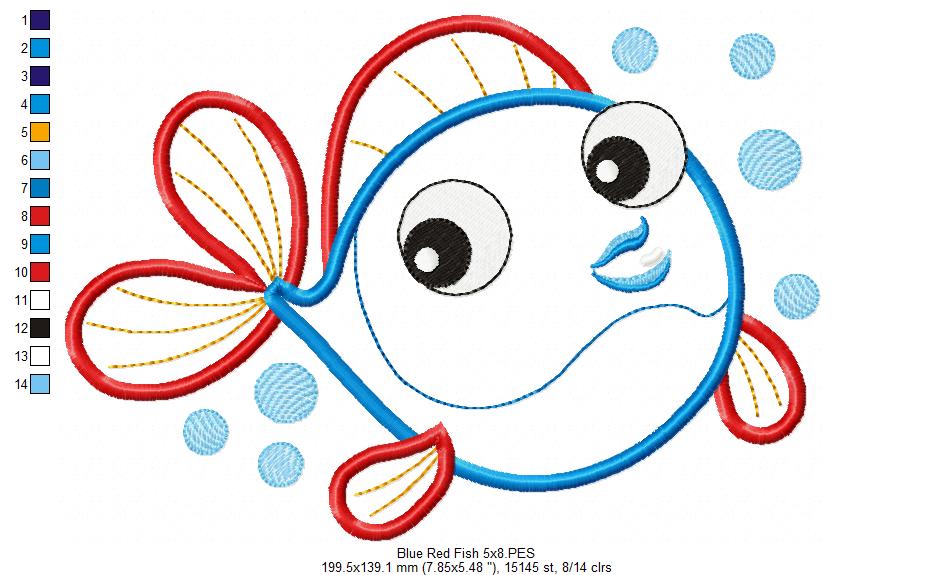 Cute Blue & Red Fish - Applique - Machine Embroidery Design