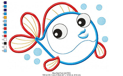 Cute Blue & Red Fish - Applique - Machine Embroidery Design