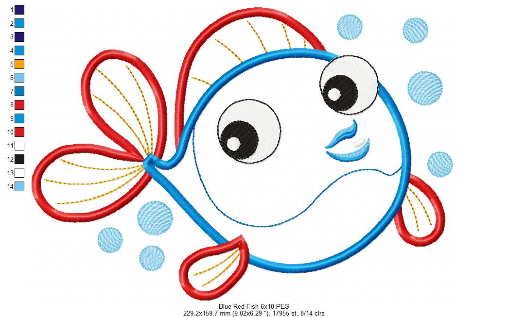Cute Blue & Red Fish - Applique - Machine Embroidery Design