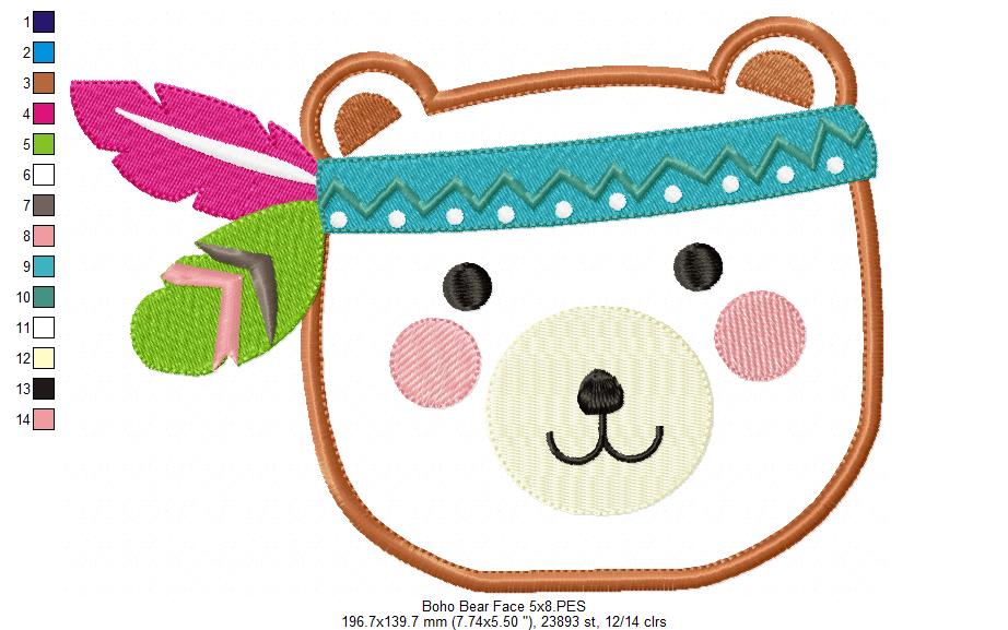 Boho Bear Face Smiling - Applique - Machine Embroidery Design