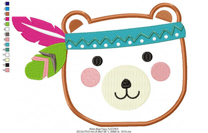 Boho Bear Face Smiling - Applique - Machine Embroidery Design