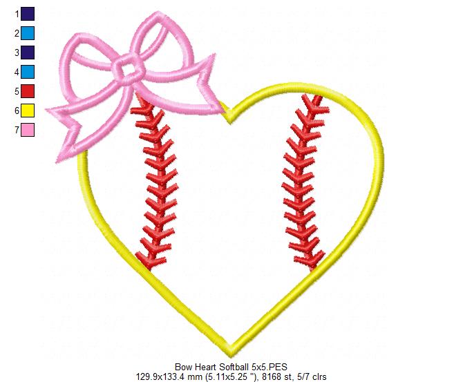 Bow Heart Softball - Applique