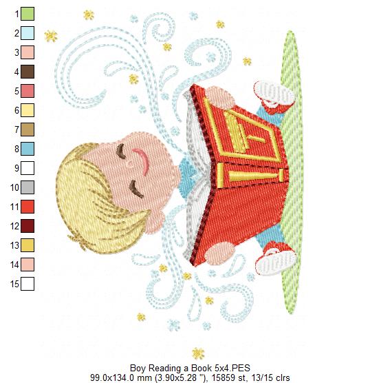 Little Boy Reading a Book - Fill Stitch