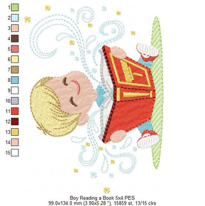 Little Boy Reading a Book - Fill Stitch
