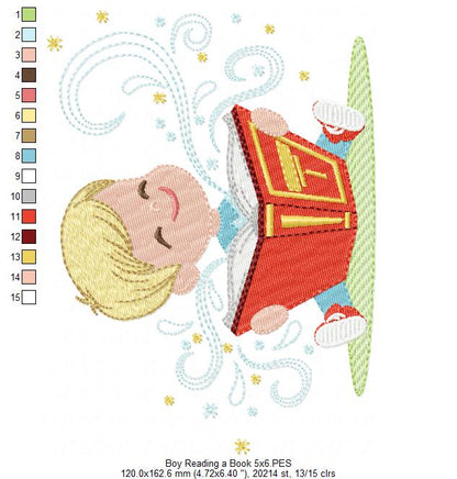 Little Boy Reading a Book - Fill Stitch