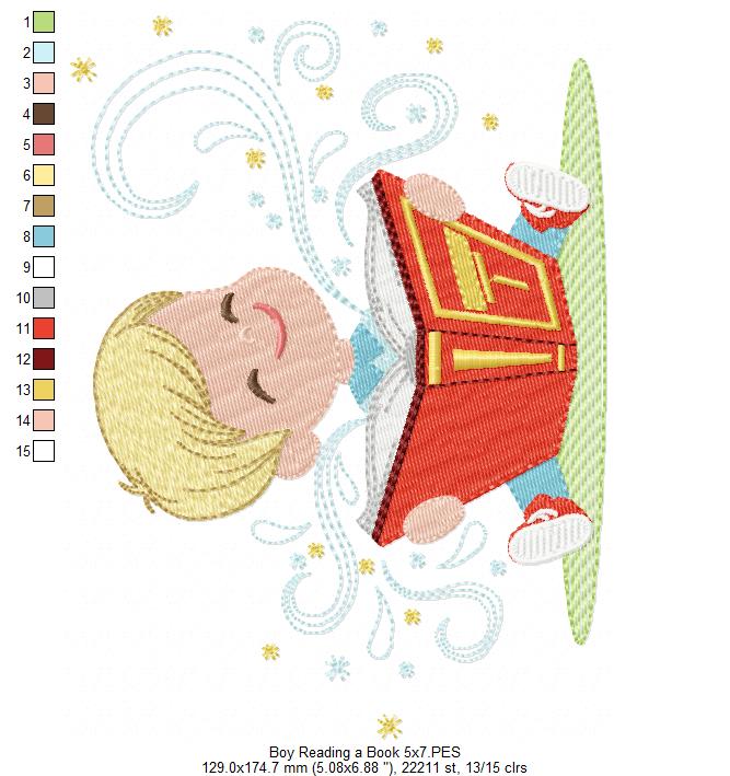 Little Boy Reading a Book - Fill Stitch