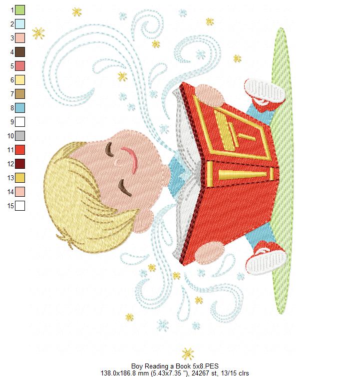 Little Boy Reading a Book - Fill Stitch