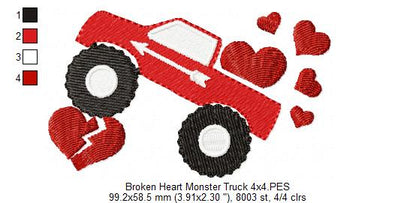 Broken Heart Monster Truck - Fill Stitch Embroidery