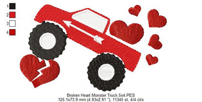 Broken Heart Monster Truck - Fill Stitch Embroidery