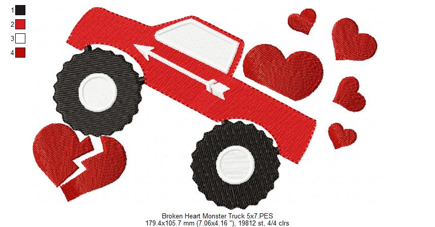 Broken Heart Monster Truck - Fill Stitch Embroidery