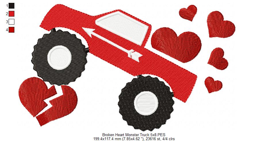 Broken Heart Monster Truck - Fill Stitch Embroidery