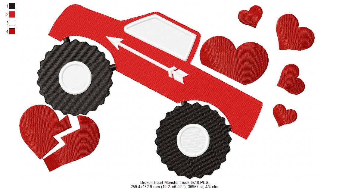 Broken Heart Monster Truck - Fill Stitch Embroidery