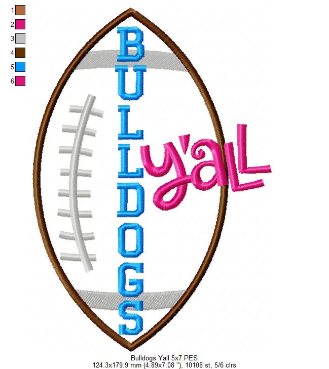 Bulldogs Y’all Football Appliqué - Machine Embroidery Design