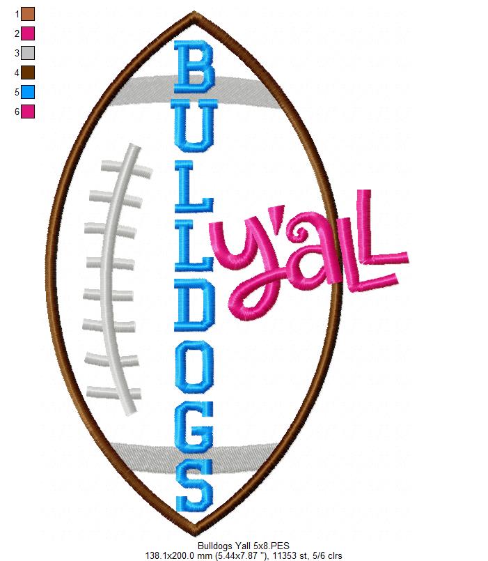 Bulldogs Y’all Football Appliqué - Machine Embroidery Design