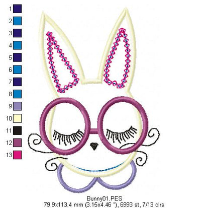Cute Bunny with Glasses  - Applique - Machine Embroidery Design