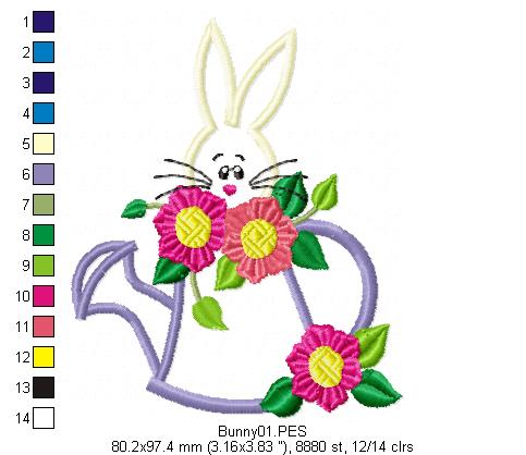 Easter Bunny with Flowers  - Applique - Machine Embroidery Design