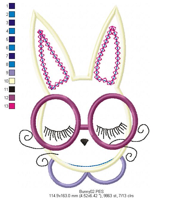 Cute Bunny with Glasses  - Applique - Machine Embroidery Design