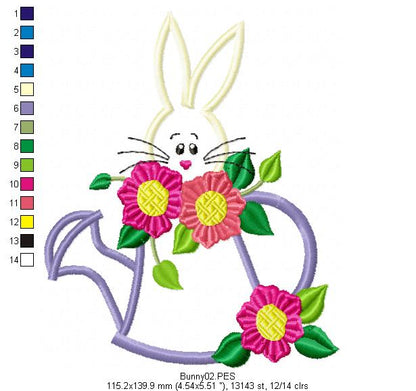 Easter Bunny with Flowers  - Applique - Machine Embroidery Design