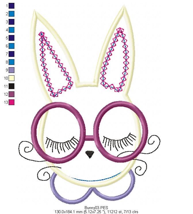 Cute Bunny with Glasses  - Applique - Machine Embroidery Design