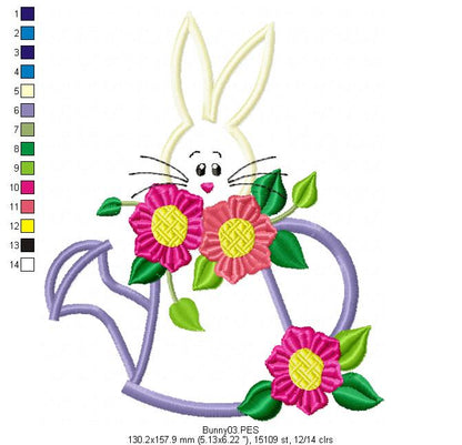 Easter Bunny with Flowers  - Applique - Machine Embroidery Design