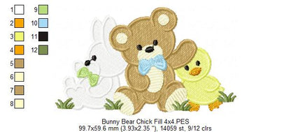 Teddy Bear, Bunny and Chick - Fill Stitch Embroidery