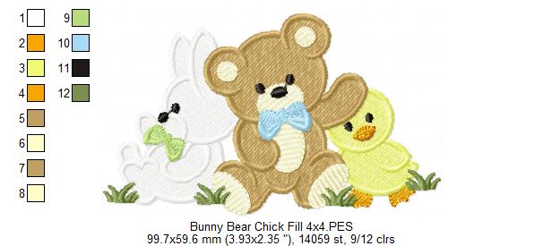 Teddy Bear, Bunny and Chick - Fill Stitch Embroidery