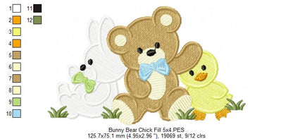 Teddy Bear, Bunny and Chick - Fill Stitch Embroidery