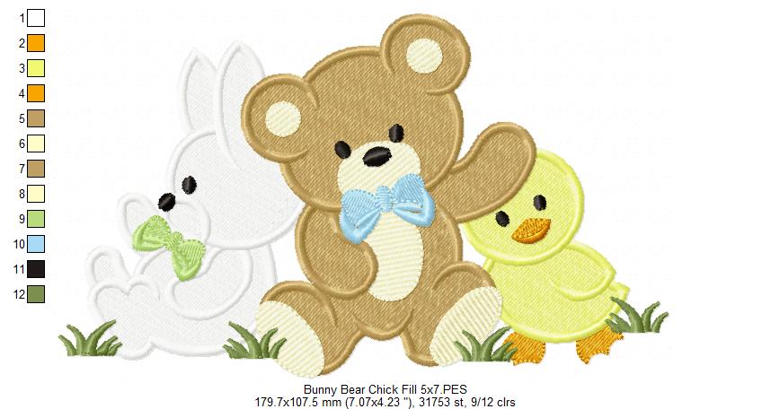 Teddy Bear, Bunny and Chick - Fill Stitch Embroidery