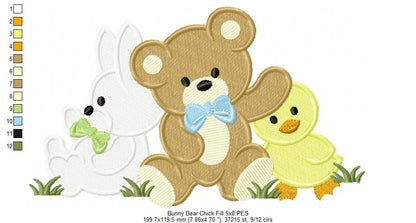 Teddy Bear, Bunny and Chick - Fill Stitch Embroidery