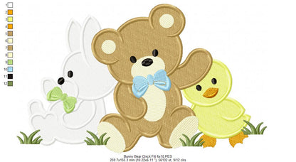 Teddy Bear, Bunny and Chick - Fill Stitch Embroidery