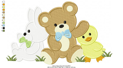 Teddy Bear, Bunny and Chick - Fill Stitch Embroidery