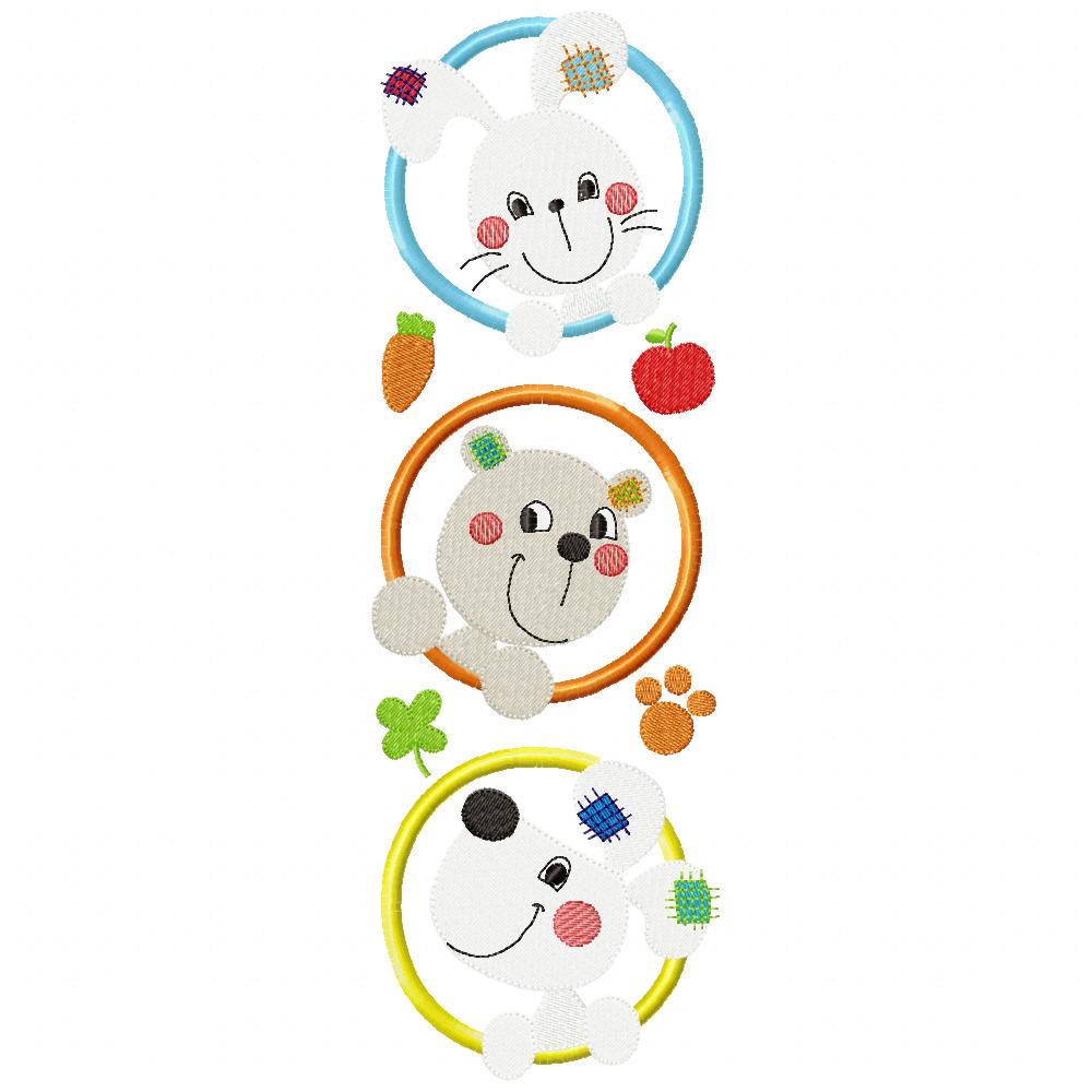 Sweet Bunny Bear Puppy Trio Frame - Appliqué - Machine Embroidery Design