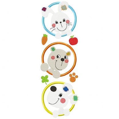 Sweet Bunny Bear Puppy Trio Frame - Appliqué - Machine Embroidery Design