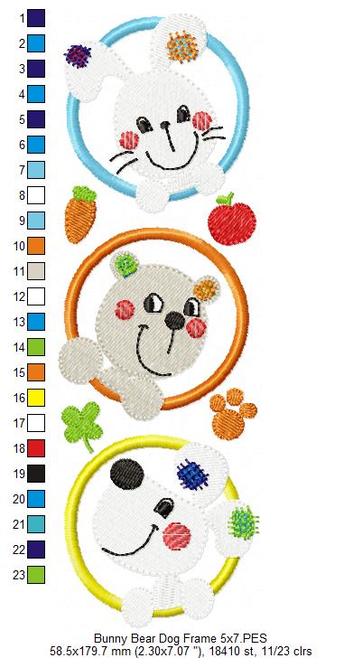 Sweet Bunny Bear Puppy Trio Frame - Appliqué - Machine Embroidery Design