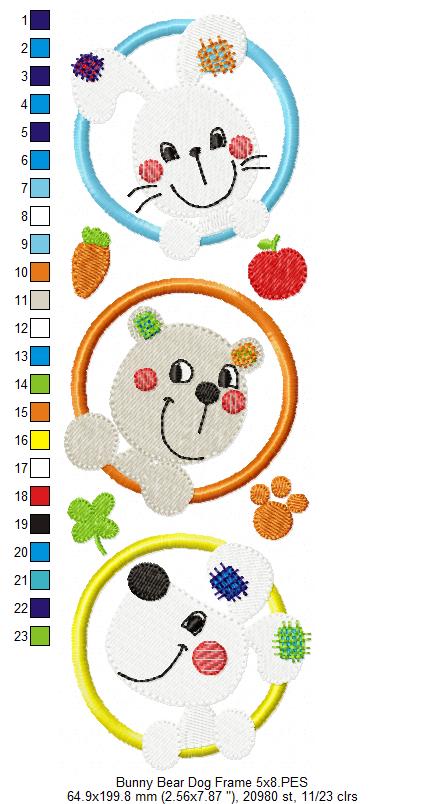 Sweet Bunny Bear Puppy Trio Frame - Appliqué - Machine Embroidery Design