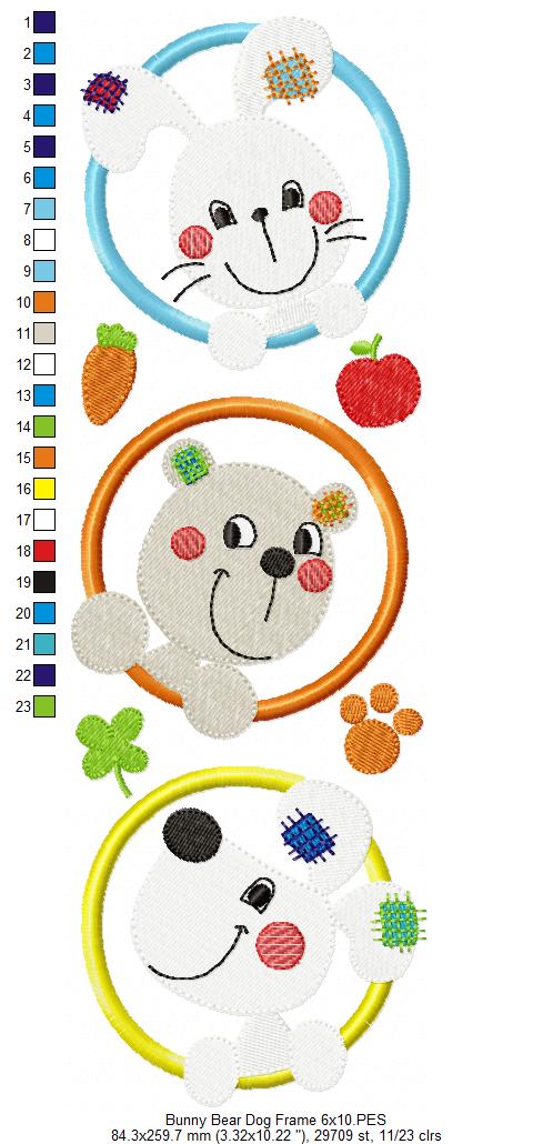 Sweet Bunny Bear Puppy Trio Frame - Appliqué - Machine Embroidery Design