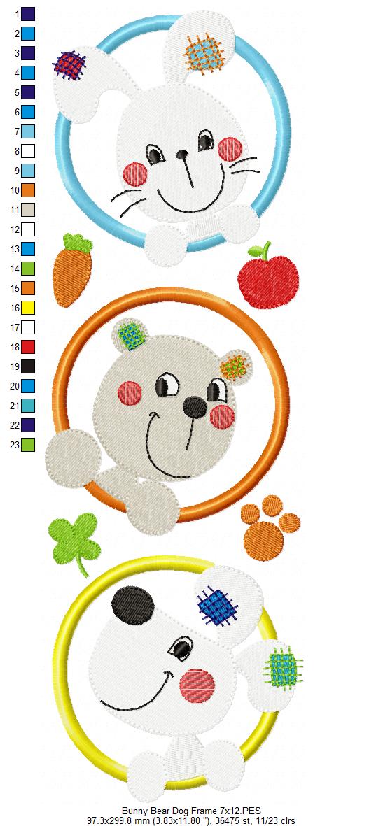 Sweet Bunny Bear Puppy Trio Frame - Appliqué - Machine Embroidery Design