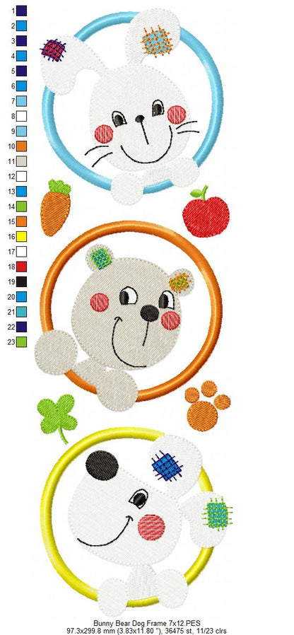 Sweet Bunny Bear Puppy Trio Frame - Appliqué - Machine Embroidery Design