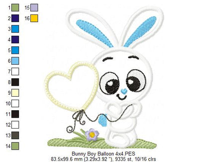 Bunny Boy and Girl with Heart Balloon - Applique - Set of 2 designs