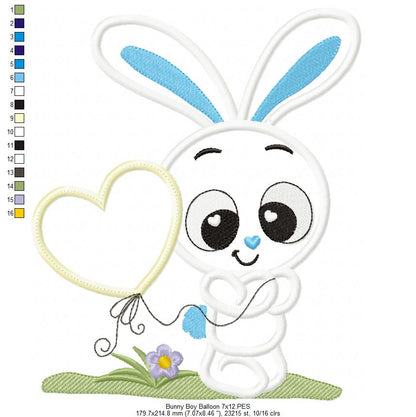 Bunny Boy and Girl with Heart Balloon - Applique - Set of 2 designs