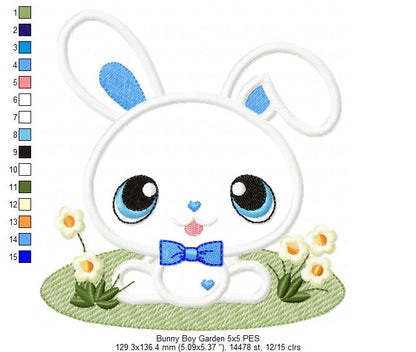 Bunny Boy and Girl in the Garden - Applique - Set of 2 designs