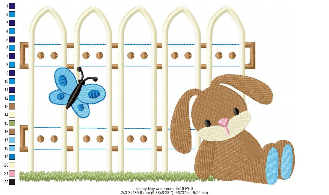 Bunny Girl and Boy and Fence - Applique - Set of 2 designs