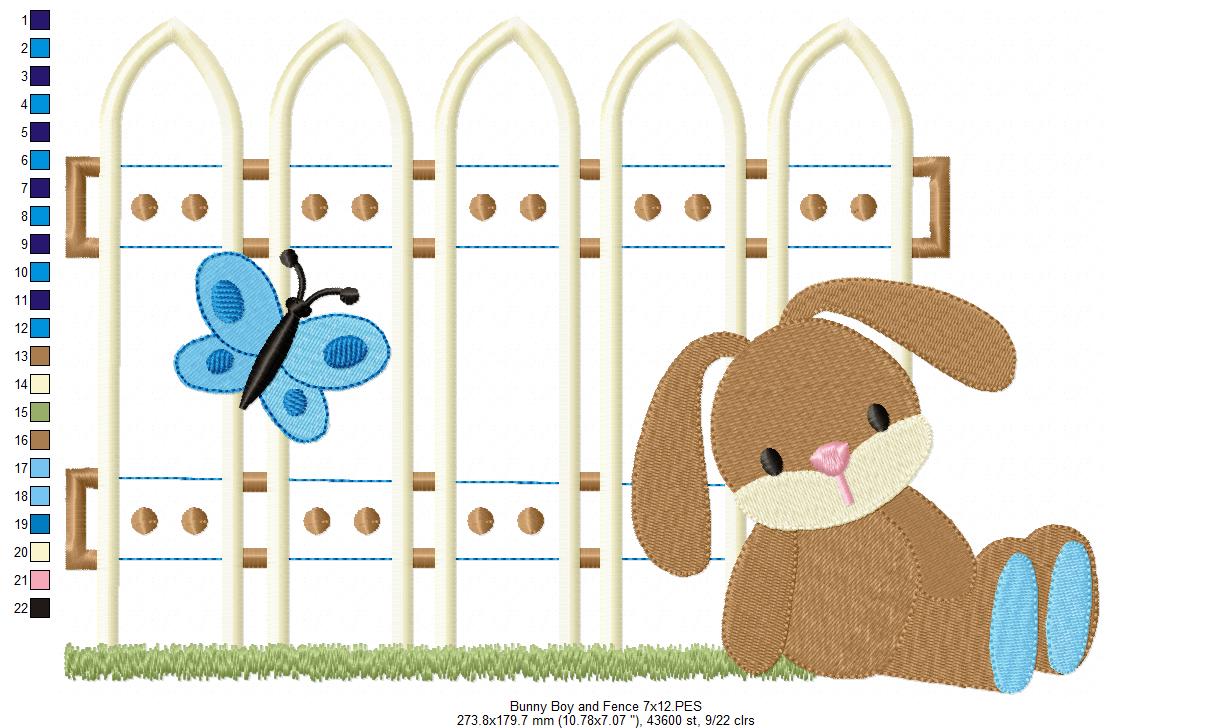 Bunny Girl and Boy and Fence - Applique - Set of 2 designs