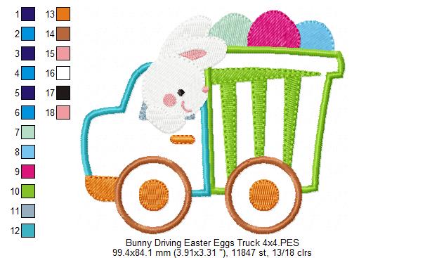 Bunny Driving Easter Eggs Truck - Appliqué - Machine Embroidery Design
