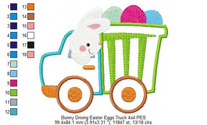 Bunny Driving Easter Eggs Truck - Appliqué - Machine Embroidery Design