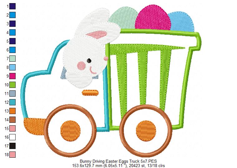 Bunny Driving Easter Eggs Truck - Appliqué - Machine Embroidery Design