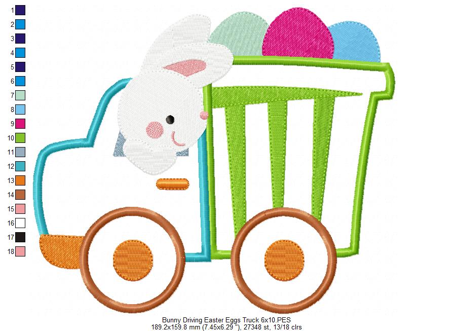 Bunny Driving Easter Eggs Truck - Appliqué - Machine Embroidery Design